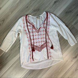Lucky Brand Boho White Red Detail Aztec Inspired Shirt